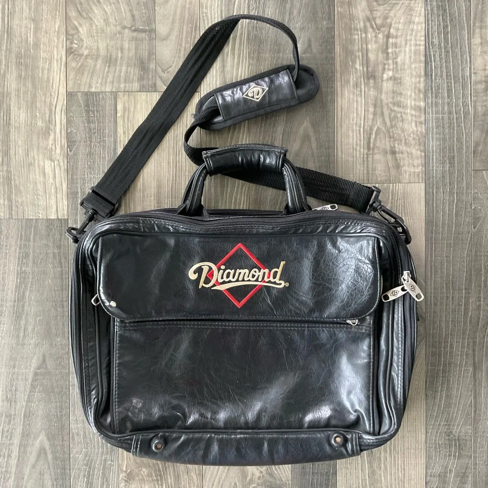 VTG Diamond Sports Embroidered Leather Briefcase Bag Black 16”x11”x5”